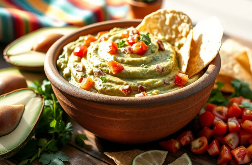 A bowl of guacamole topped with diced tomatoes and cilantro, surrounded by avocado halves, tortilla chips, and chopped tomatoes.