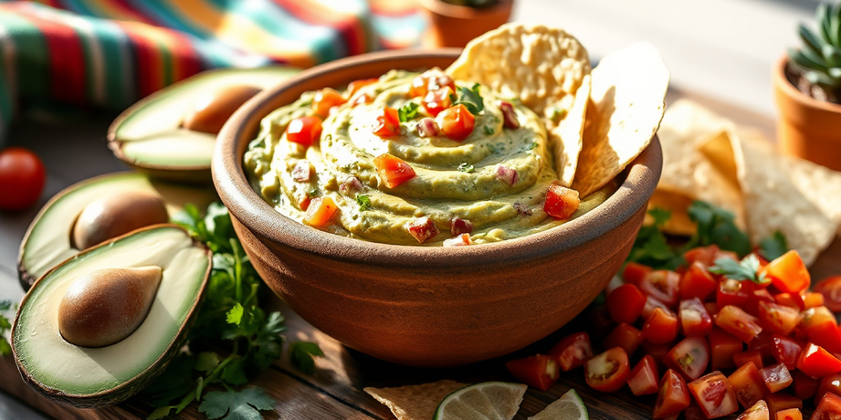 A bowl of guacamole topped with diced tomatoes and cilantro, surrounded by avocado halves, tortilla chips, and chopped tomatoes.