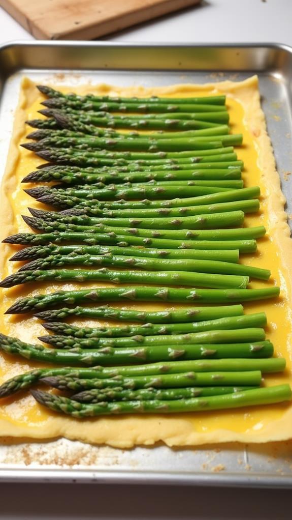 asparagus arranged on pastry