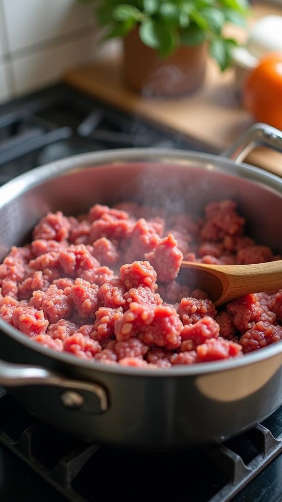 brown beef in pot
