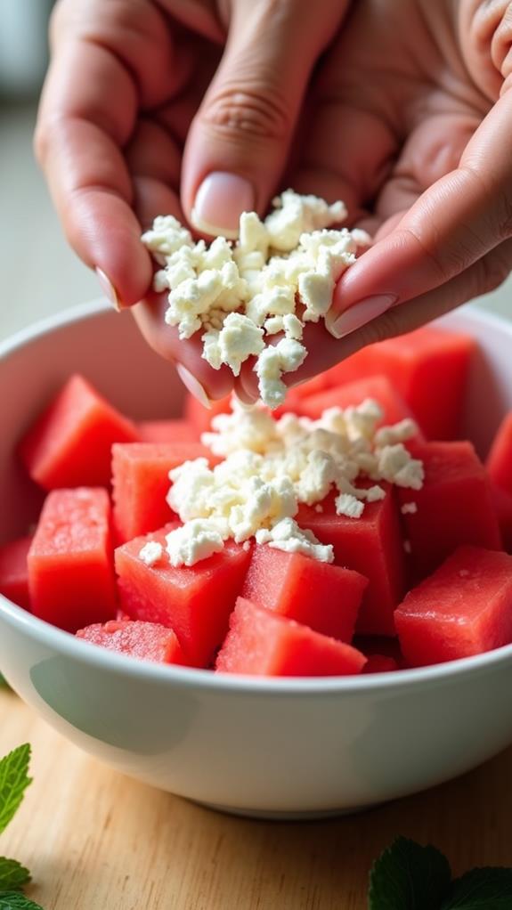 crumble feta on watermelon