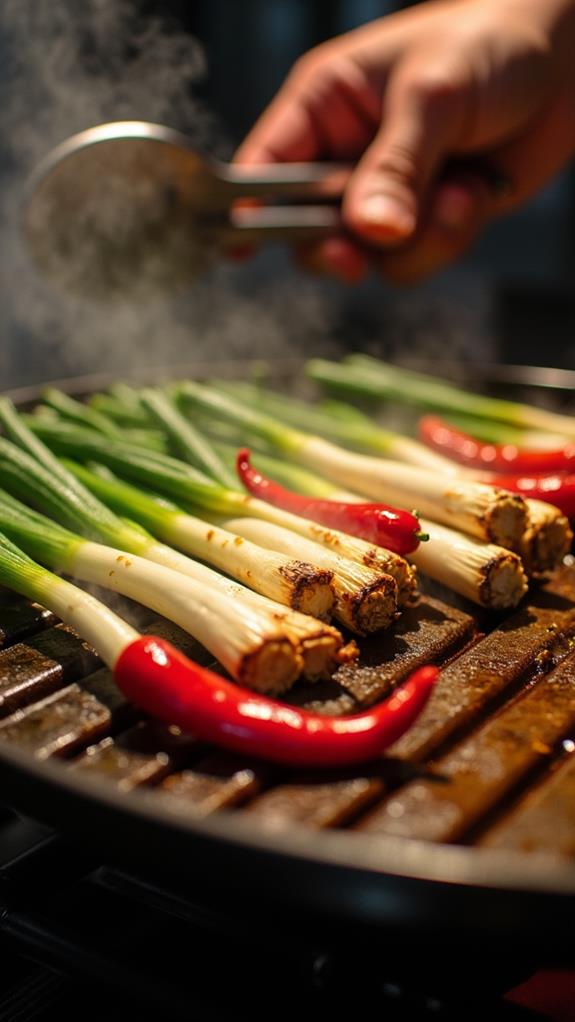 grill spring onions chili