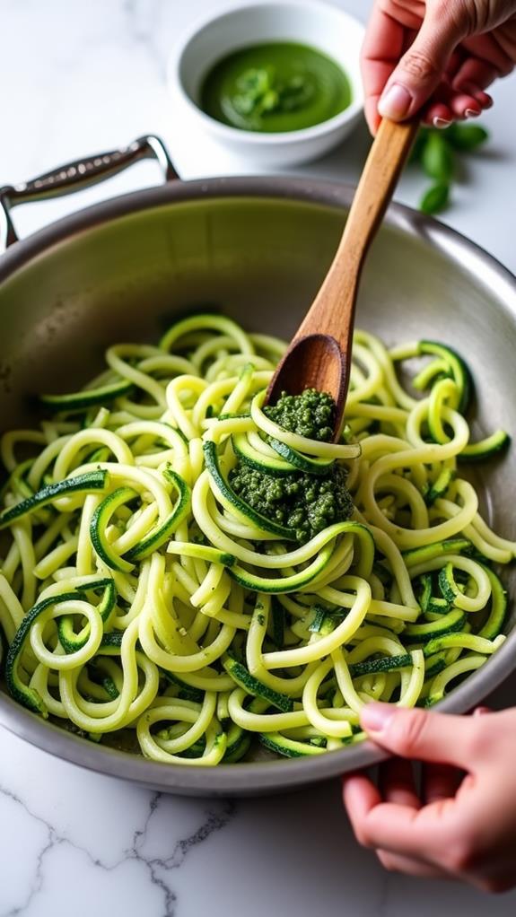 noodles tossed with pesto