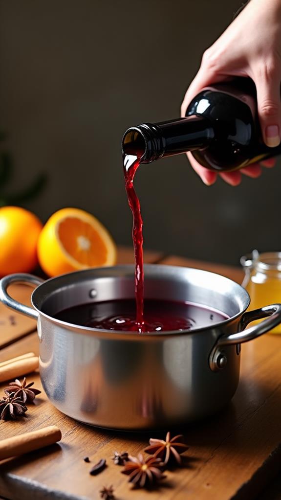 pour wine into saucepan