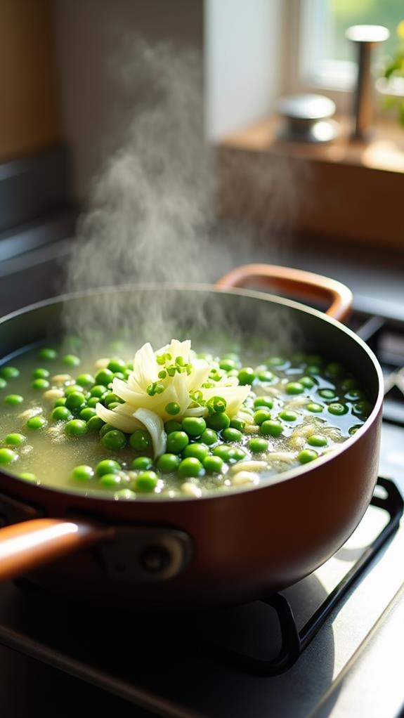 simmering peas and onions