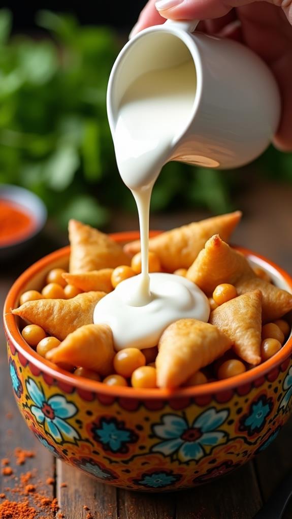 yogurt drizzle on samosas
