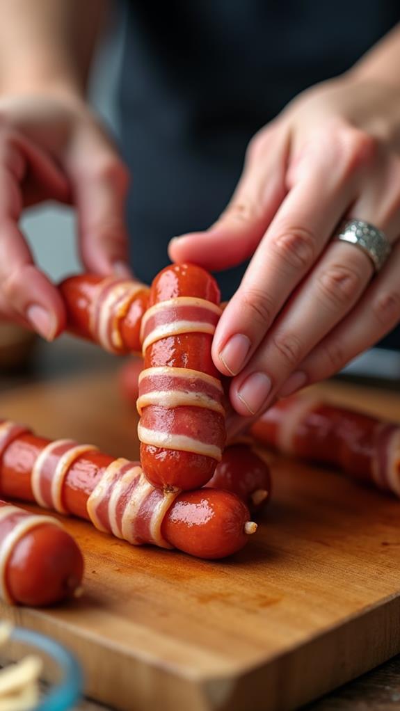 bacon wrapped sausage preparation step