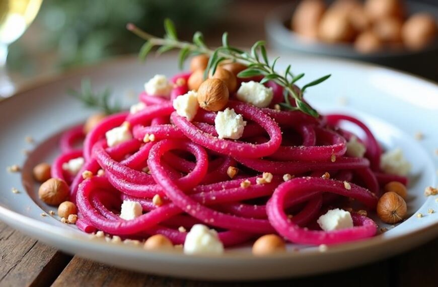 beet fettuccine with hazelnuts