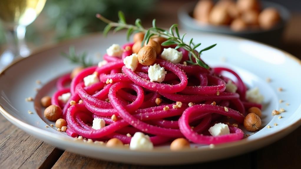 beet fettuccine with hazelnuts