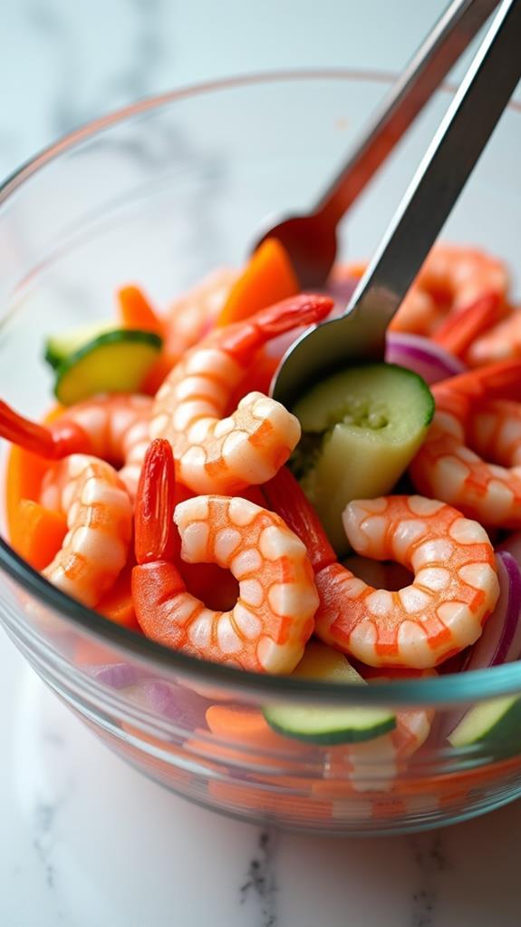 combine prawns and vegetables