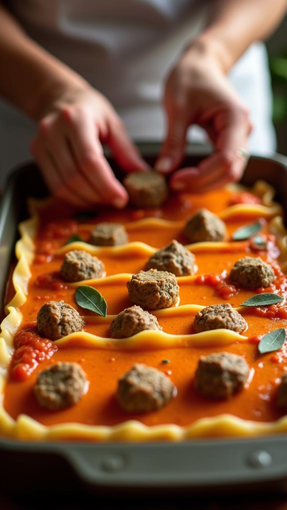 layering meatballs with squash