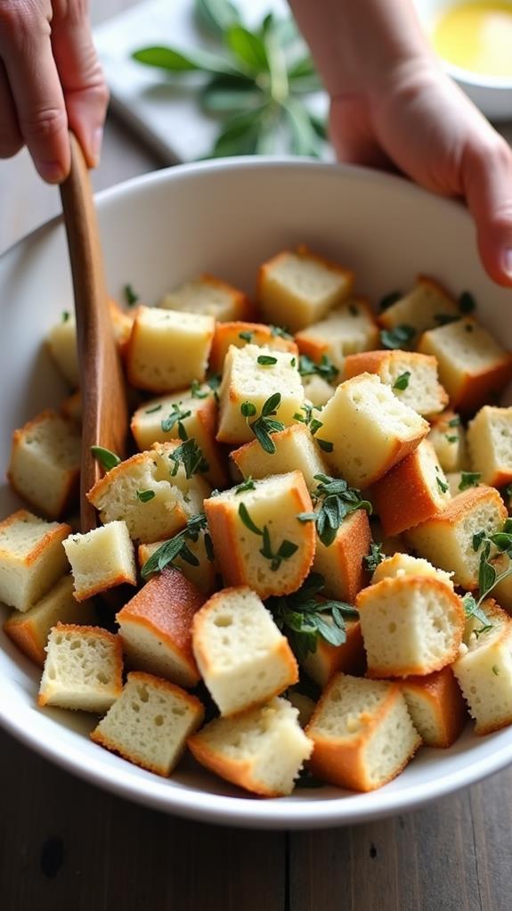 mixing bread with onion sage