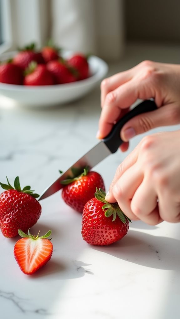 carefully remove strawberry tops