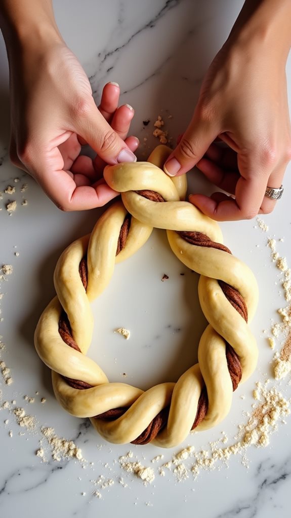 shaping dough into wreath