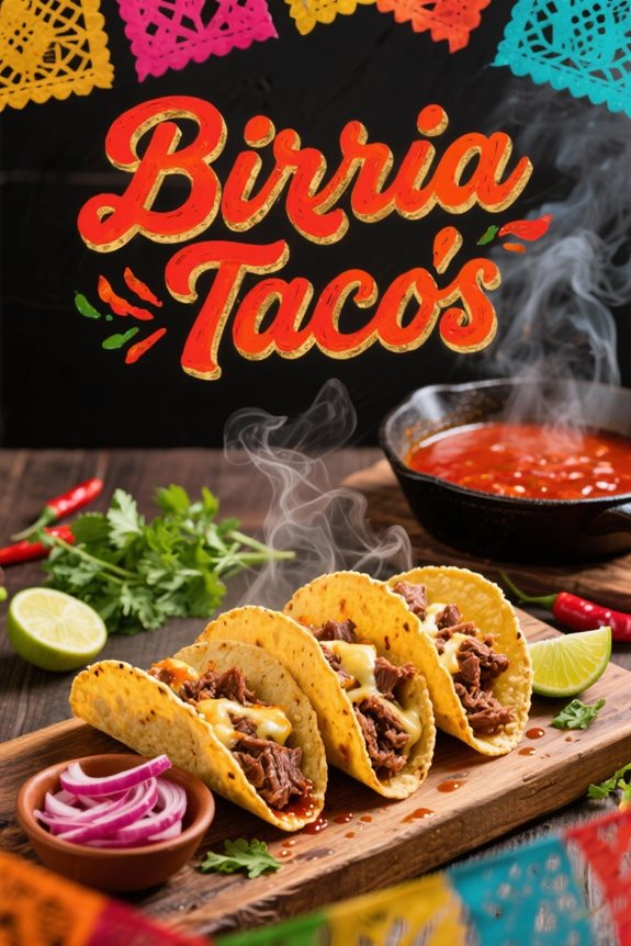sizzling beef birria tacos