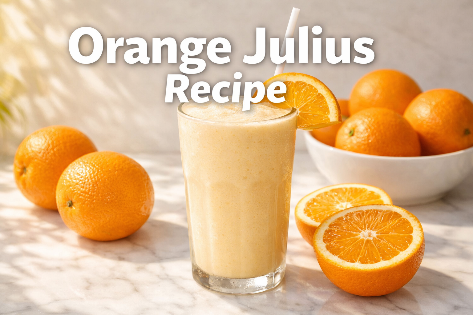 A glass of orange smoothie with a straw and orange slice, next to fresh oranges and a bowl of whole oranges on a marble surface. Text reads "Orange Julius Recipe.