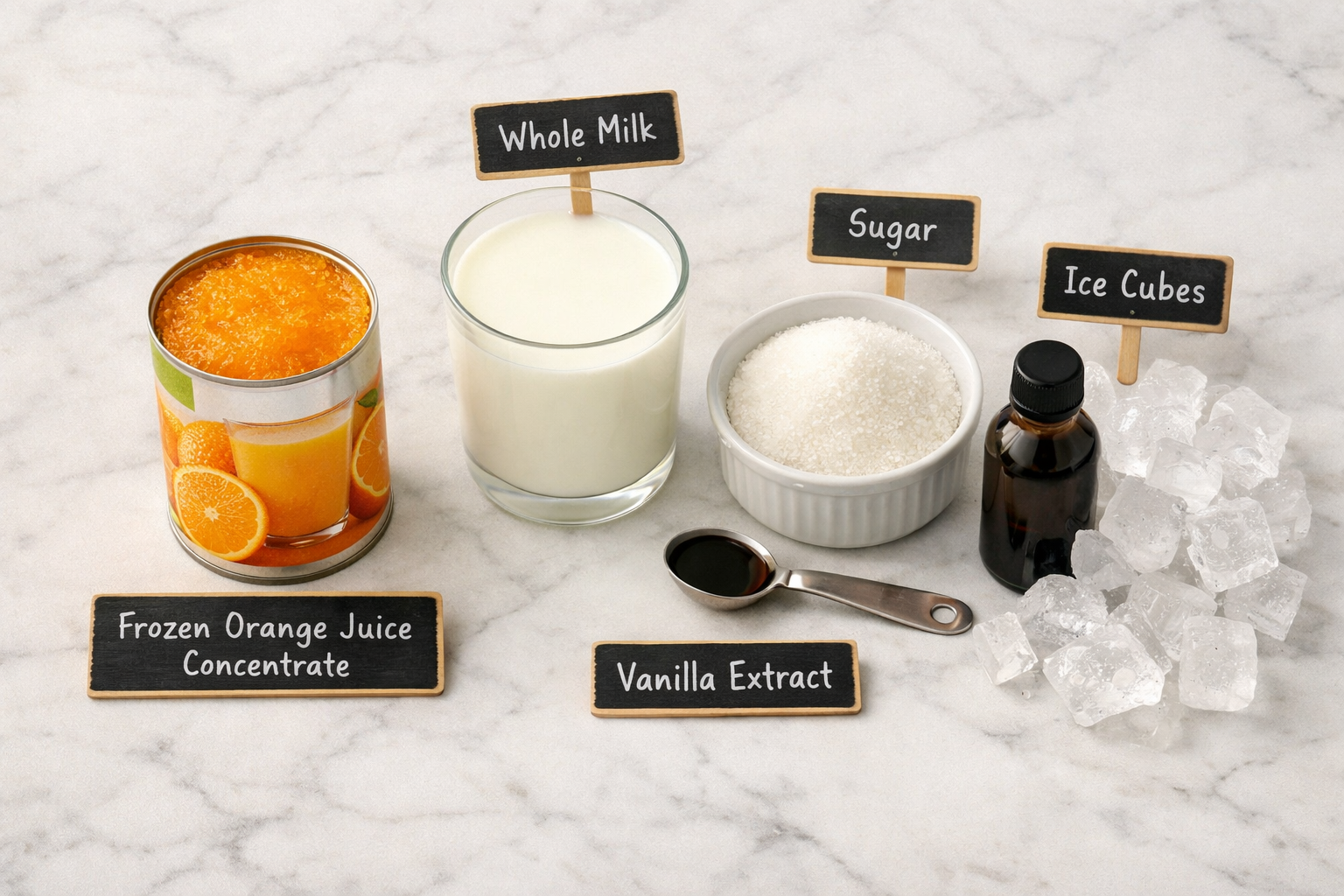 () flat-lay overhead shot of Orange Julius recipe ingredients neatly arranged on a white marble surface: a carton of frozen