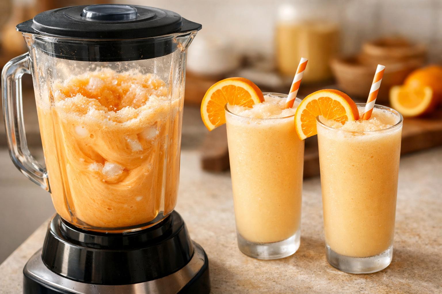 () action shot from a slightly elevated side angle showing a blender mid-blend with creamy orange liquid swirling inside,